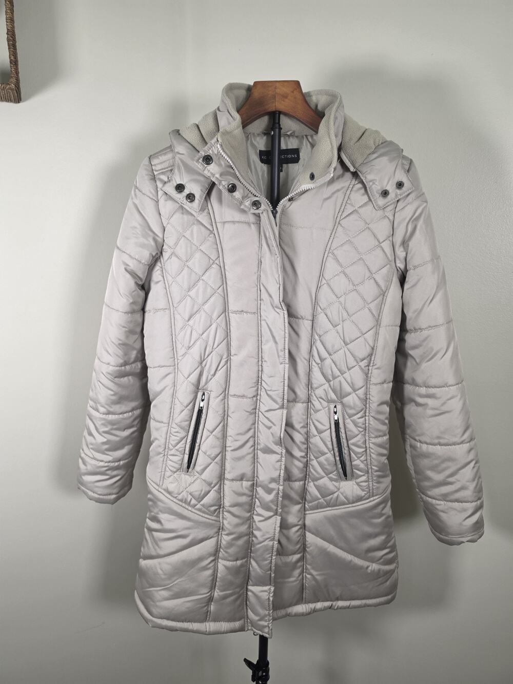 KC Collections Women's Quilted Coat Jacket Beige Hooded Zip Snap Front Size M